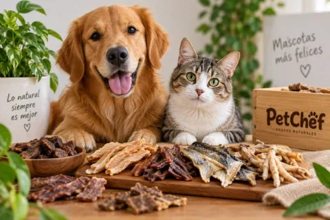 Un perro y un gato junto a snacks